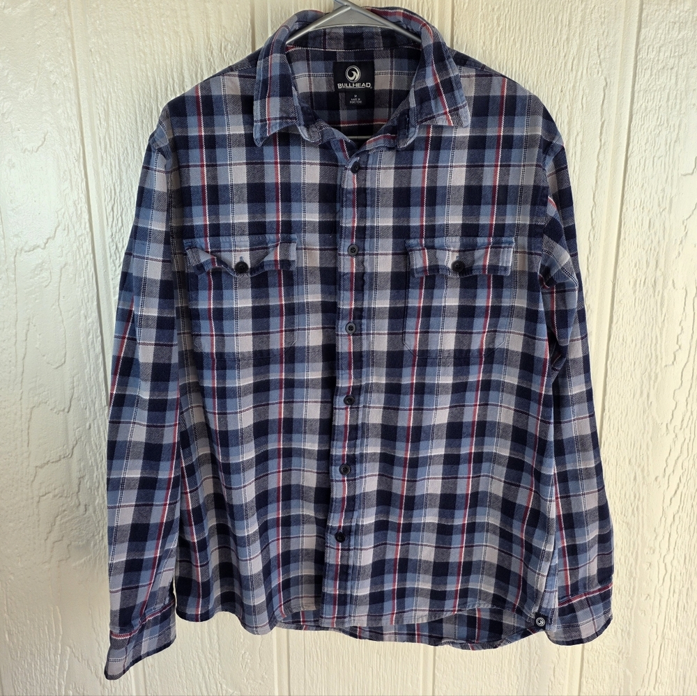 Bullhead Men's Navy and Light Blue Plaid Button-Down Shirt, Size Medium